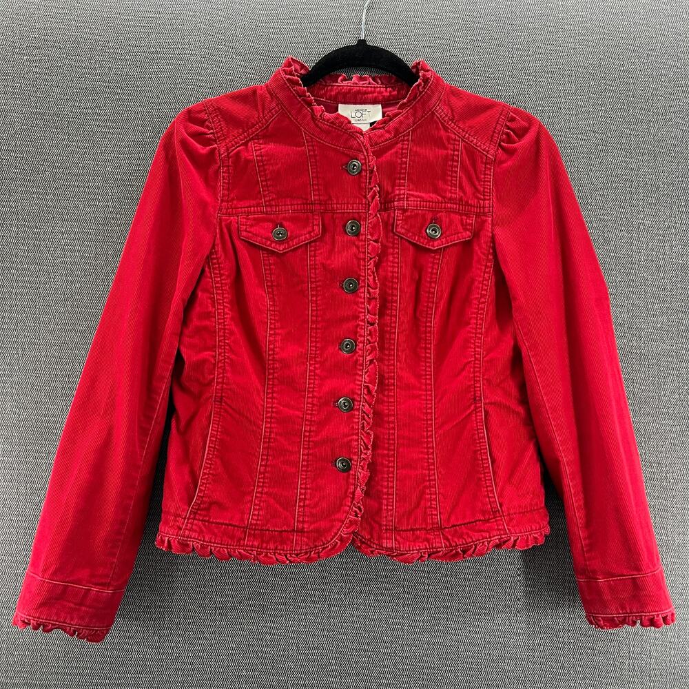 Ann Taylor LOFT Red Y2K Corduroy Ruffle Trucker Button‎ Up Jacket Size 8P